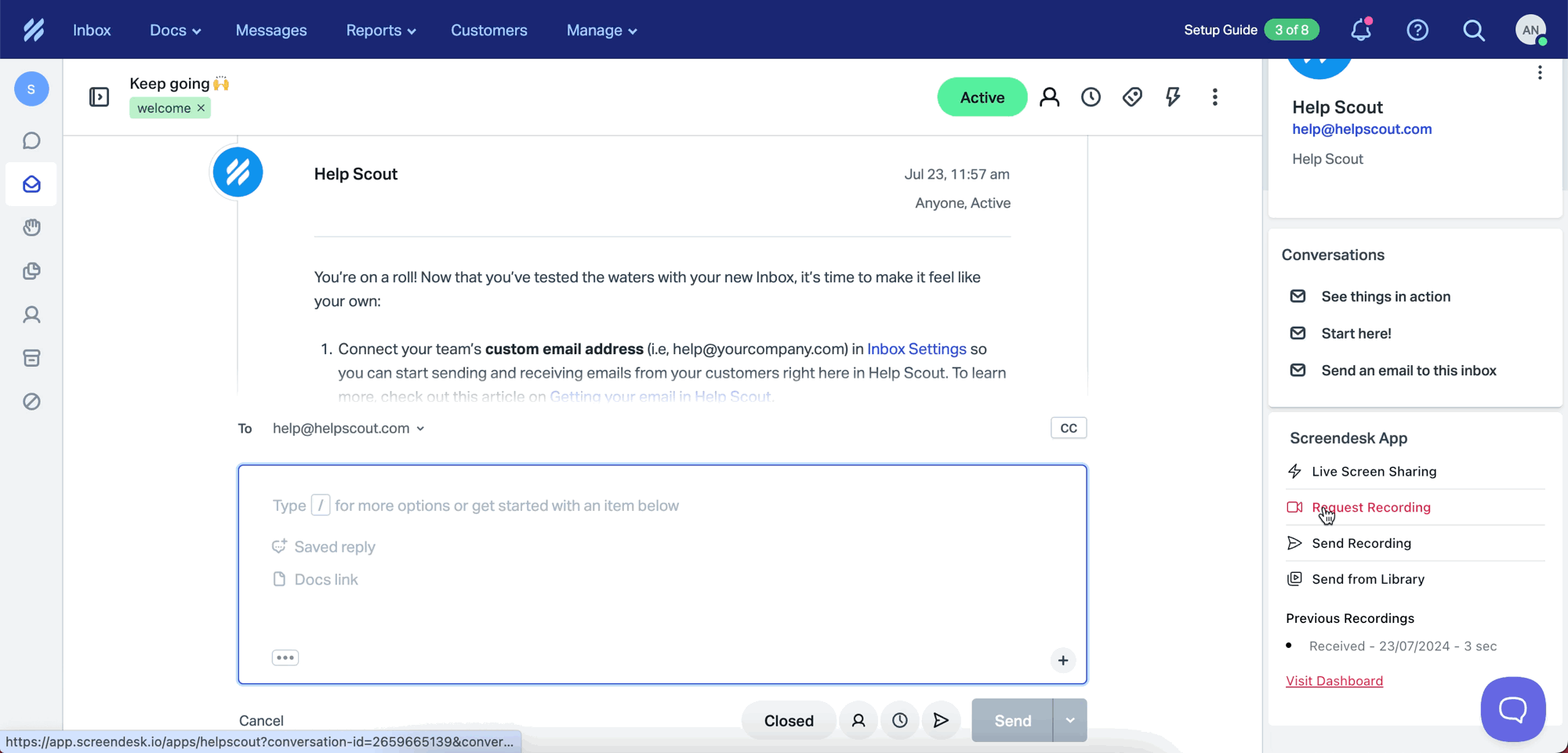 request a recording from the ticket sidebar flow gif